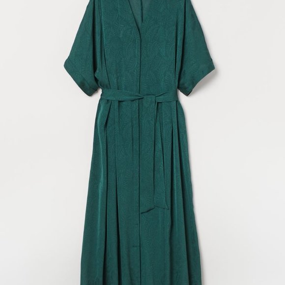 NWT H&M Green Kaftan Dark Green Maxi Palm Leaves‎ print Belted V-neck Long Dress - Picture 4 of 5